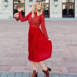 Ivy City Co Arabella Lace Red Pleated Dress